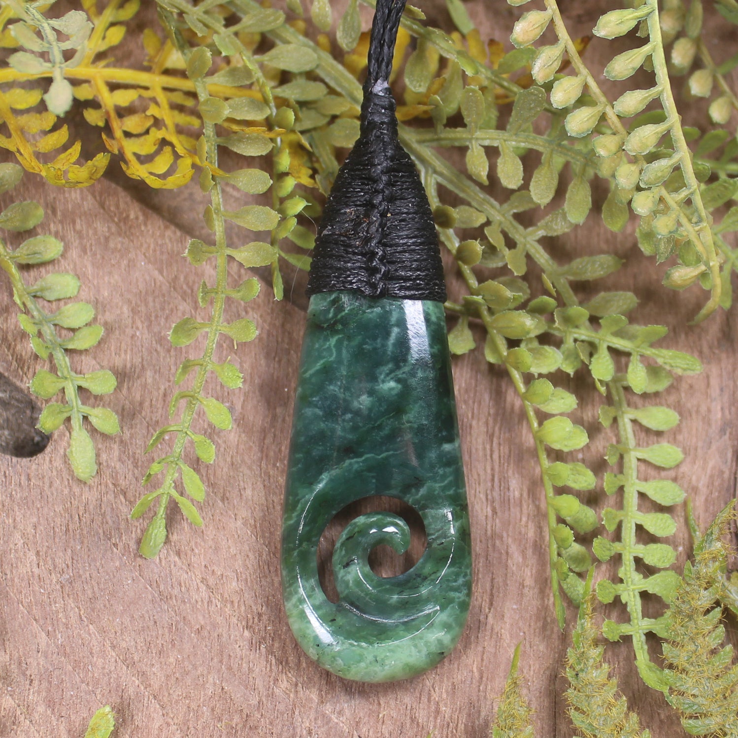 Roimata or Teardrop with Koru carved from Kawakawa Pounamu - NZ Greenstone