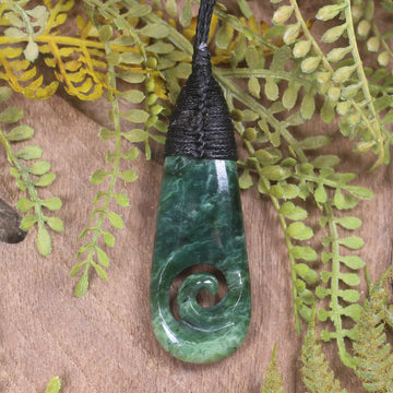 Roimata or Teardrop with Koru carved from Kawakawa Pounamu - NZ Greenstone