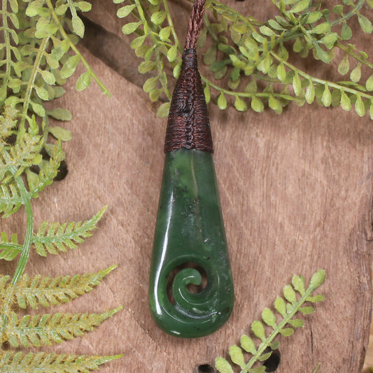 Roimata or Teardop with Koru carved from Kawakawa Pounamu - NZ Greenstone