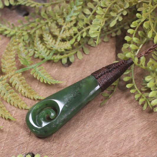 Roimata or Teardop with Koru carved from Kawakawa Pounamu - NZ Greenstone