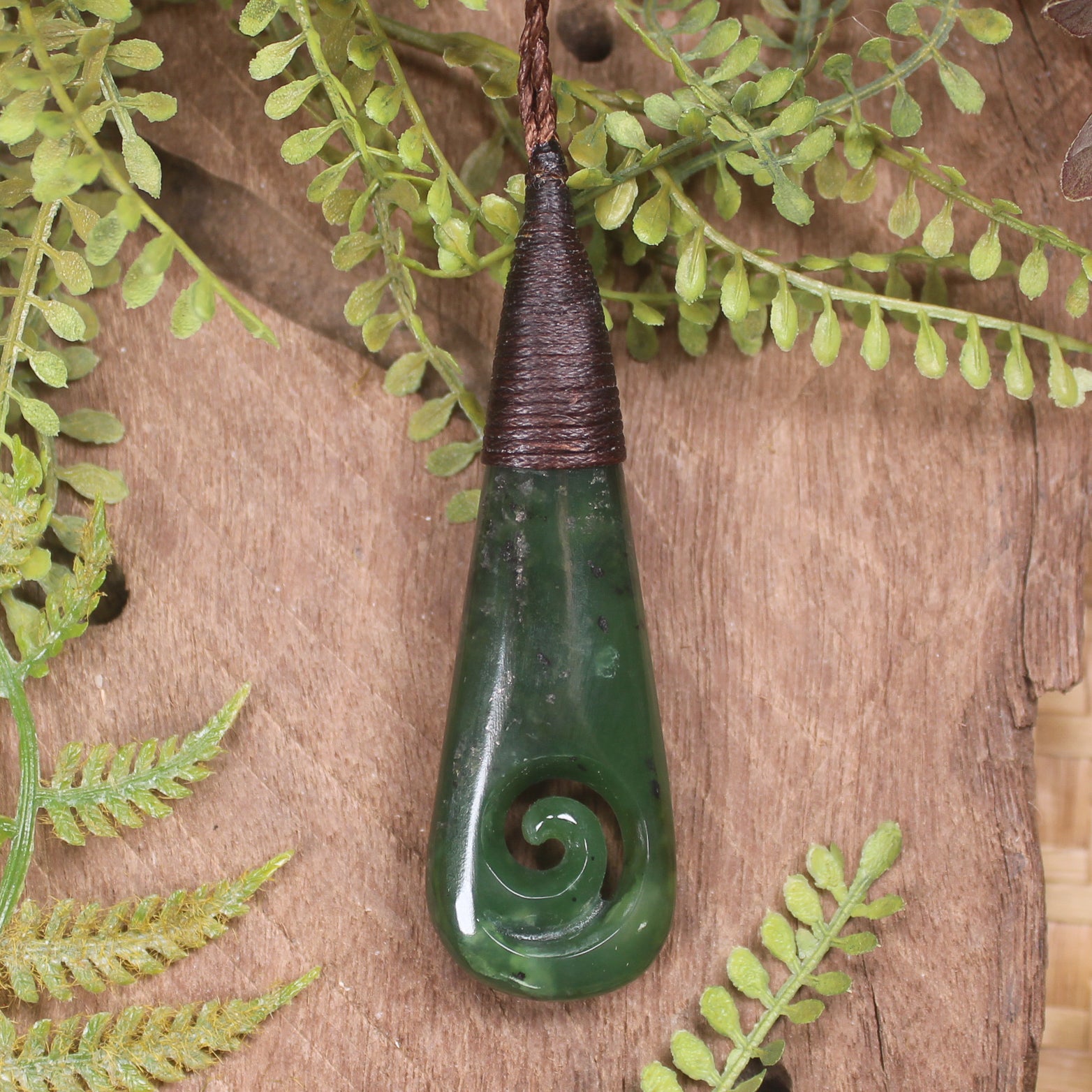 Roimata or Teardop with Koru carved from Kawakawa Pounamu - NZ Greenstone