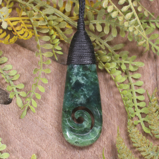 Roimata or Teardrop with Koru carved from Kawakawa Pounamu - NZ Greenstone