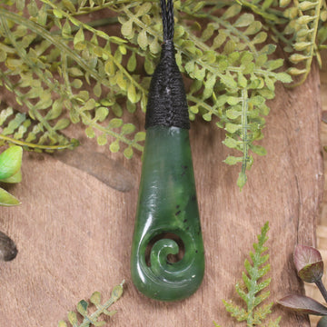 Roimata or Teardrop with Koru carved from Kawakawa Pounamu - NZ Greenstone