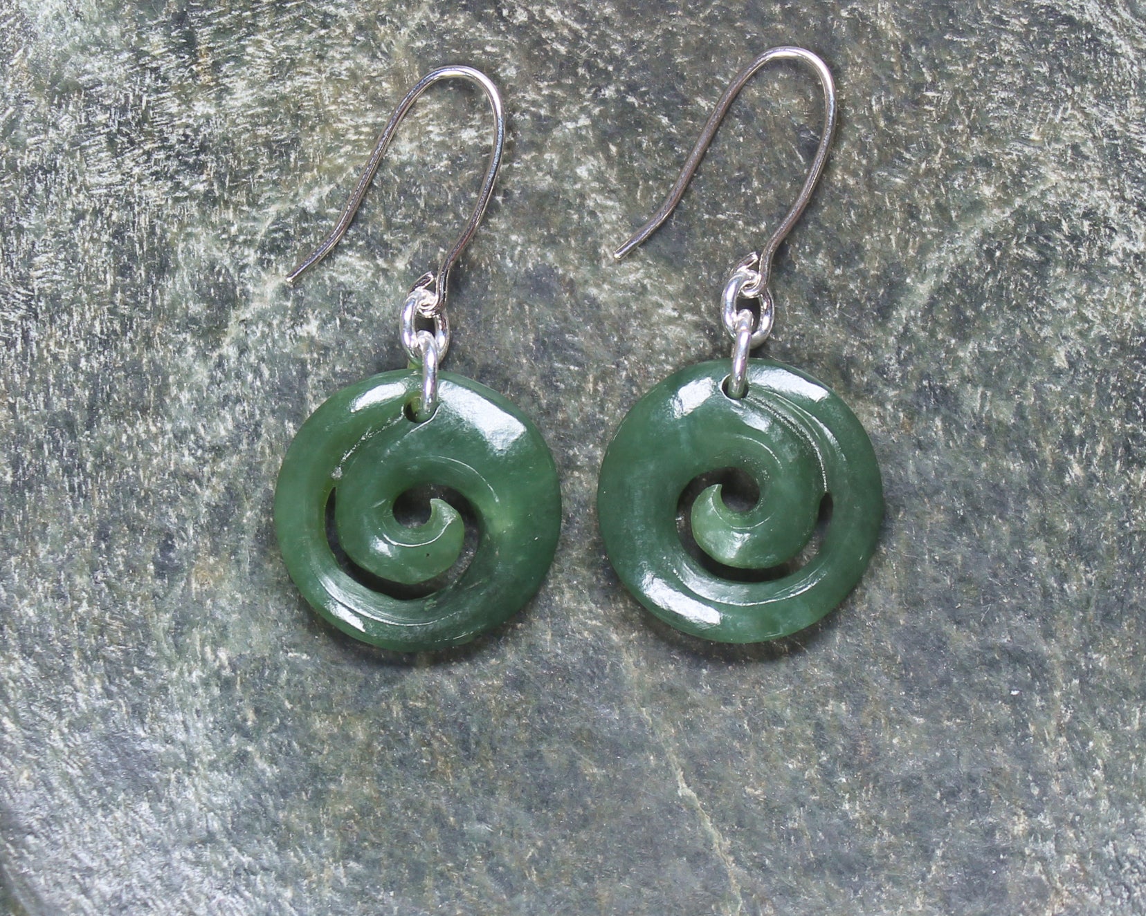 Koru Earrings carved from Hapopo Pounamu - NZ Greenstone