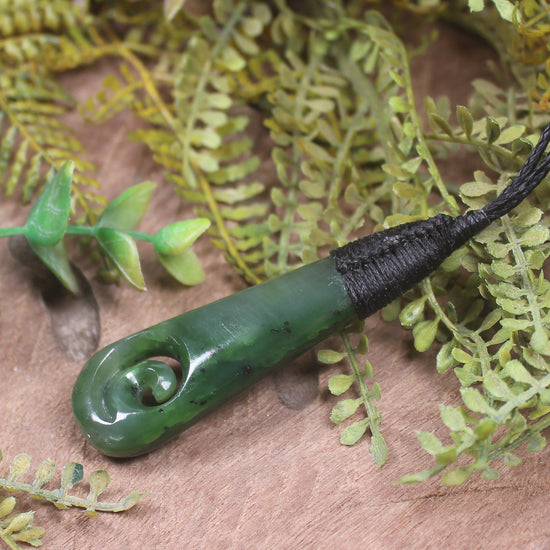 Roimata or Teardrop with Koru carved from Kawakawa Pounamu - NZ Greenstone