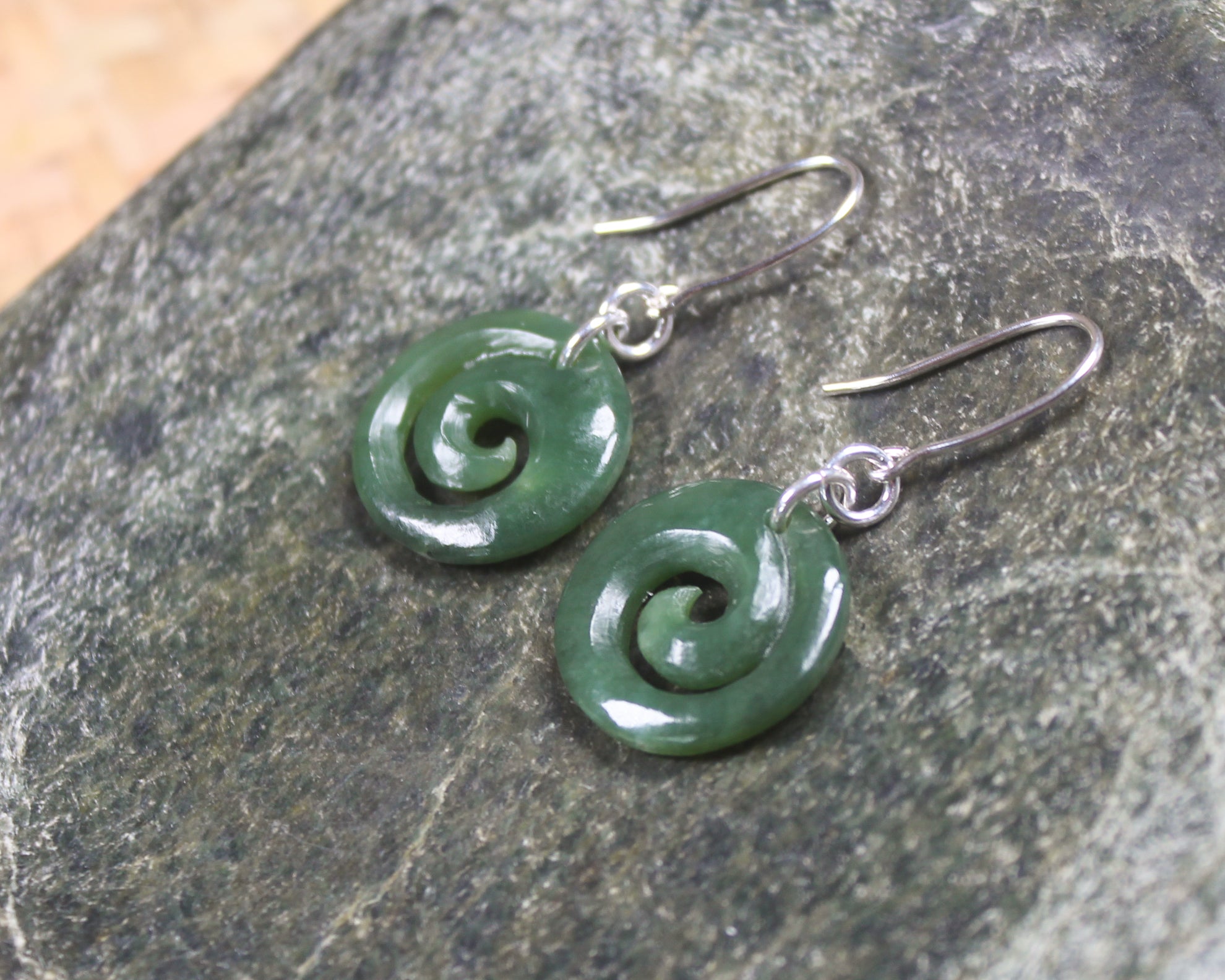 Koru Earrings carved from Hapopo Pounamu - NZ Greenstone