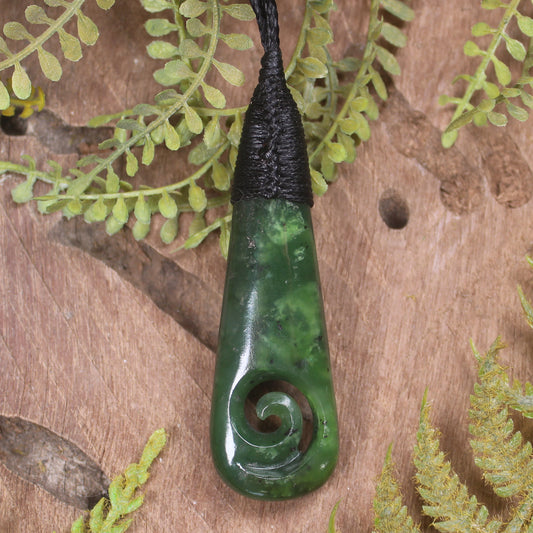 Roimata or Teardop with Koru carved from Kawakawa Pounamu - NZ Greenstone