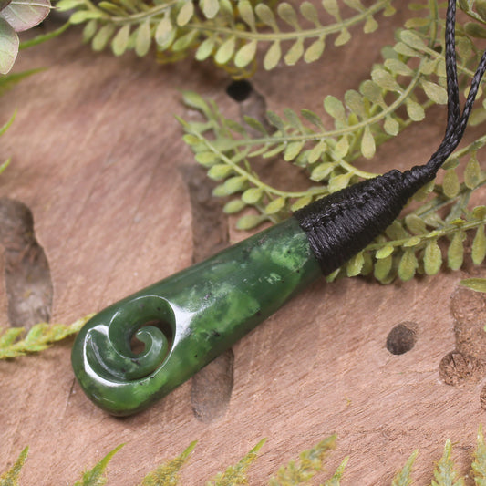 Roimata or Teardop with Koru carved from Kawakawa Pounamu - NZ Greenstone