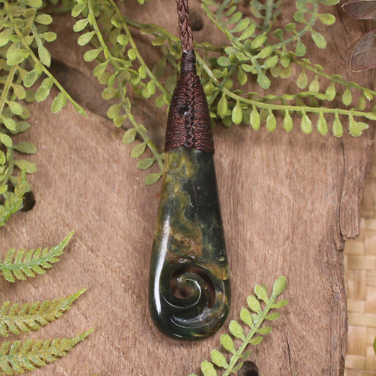 Roimata or Teardop with Koru carved from Flower Jade Pounamu - NZ Greenstone