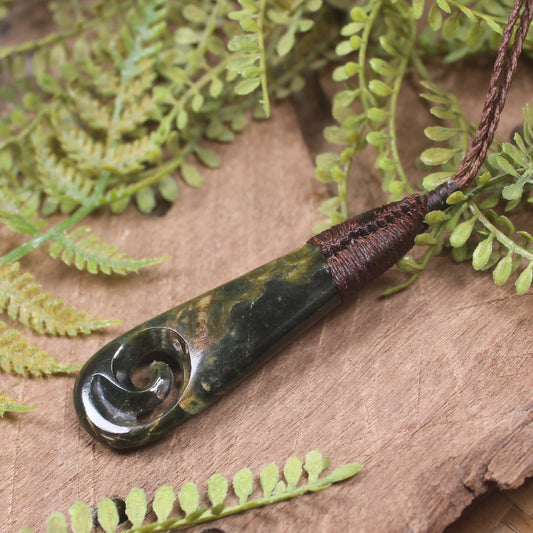Roimata or Teardop with Koru carved from Flower Jade Pounamu - NZ Greenstone