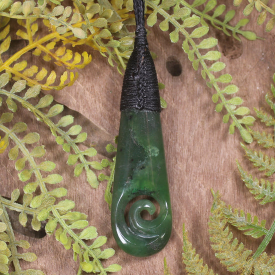 Roimata or Teardrop with Koru carved from Kawakawa Pounamu - NZ Greenstone