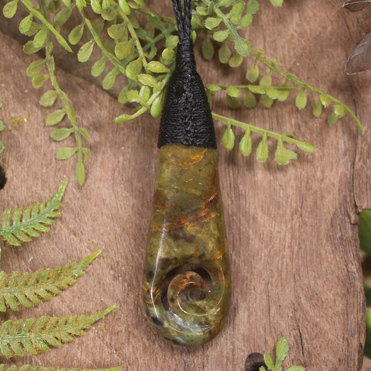 Roimata or Teardop with Koru carved from Totoweka Pounamu - NZ Greenstone