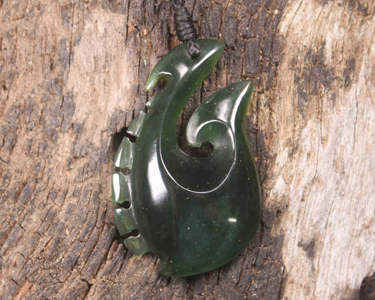 Hei Matau or Fish Hook carved from Tangiwai Pounamu - NZ Greenstone