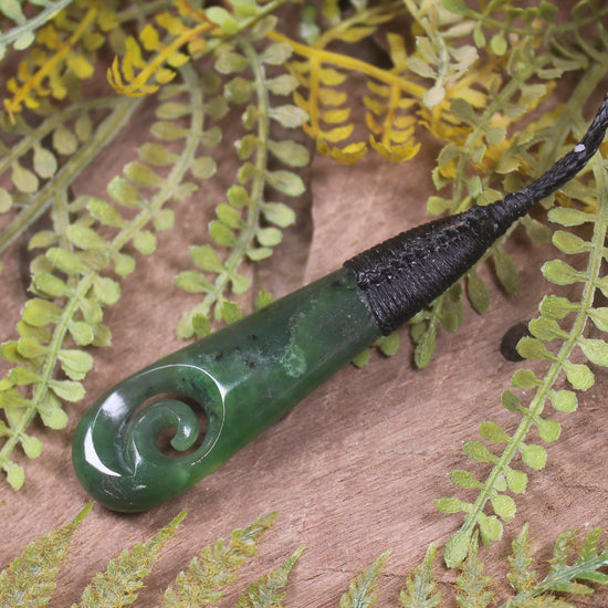 Roimata or Teardrop with Koru carved from Kawakawa Pounamu - NZ Greenstone