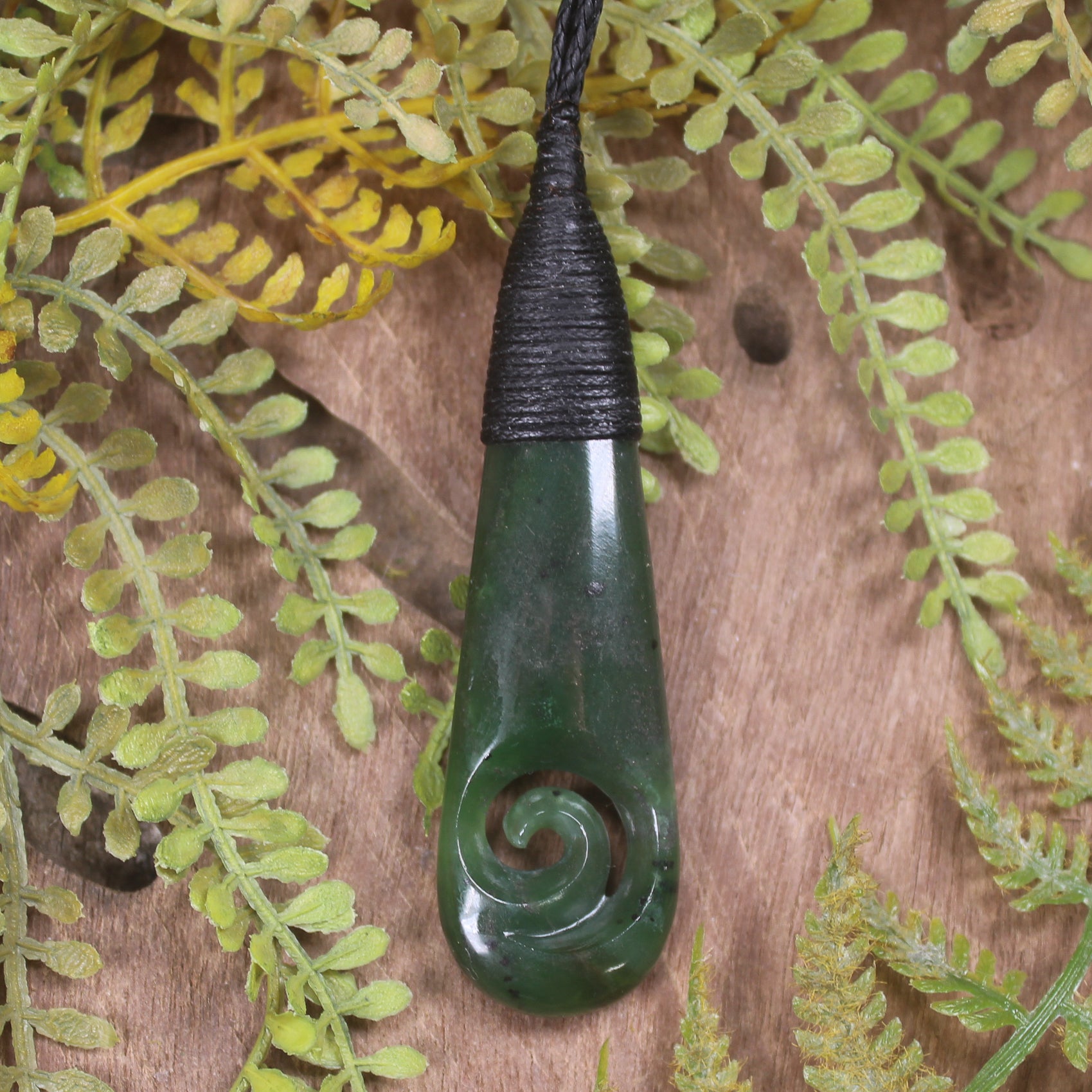 Roimata or Teardrop with Koru carved from Kawakawa Pounamu - NZ Greenstone