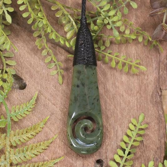 Roimata or Teardop with Koru carved from Rimu Pounamu - NZ Greenstone