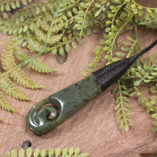 Roimata or Teardop with Koru carved from Rimu Pounamu - NZ Greenstone