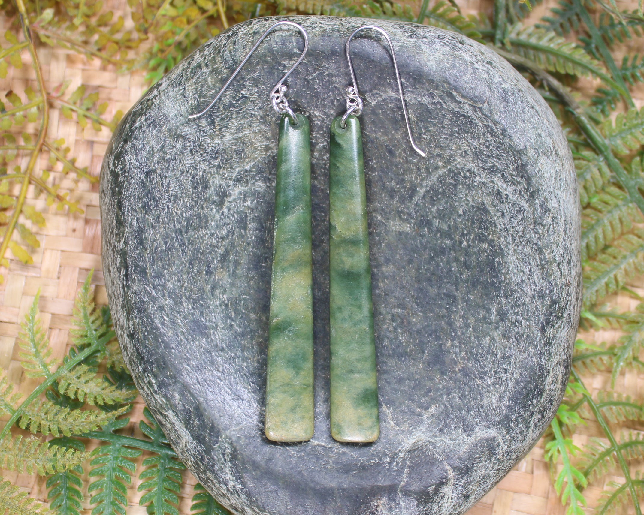 Roimata or Teardrop earrings carved from Flower Jade Pounamu - NZ Greenstone