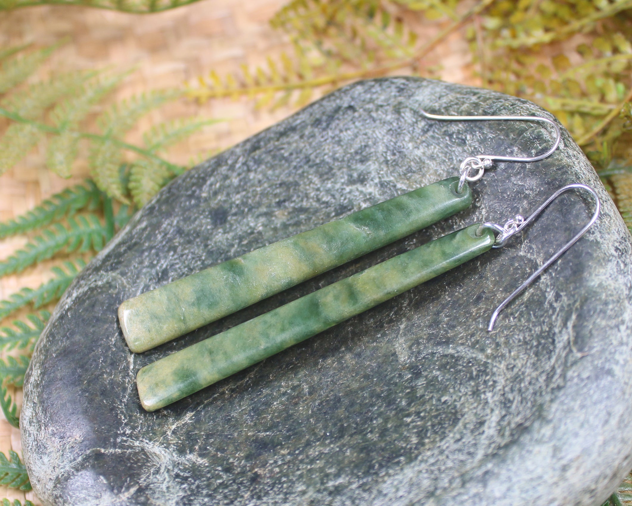 Roimata or Teardrop earrings carved from Flower Jade Pounamu - NZ Greenstone