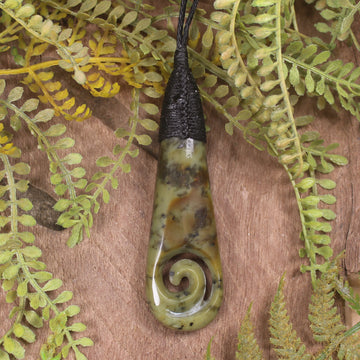 Roimata or Teardop with Koru carved from Rimu Pounamu - NZ Greenstone