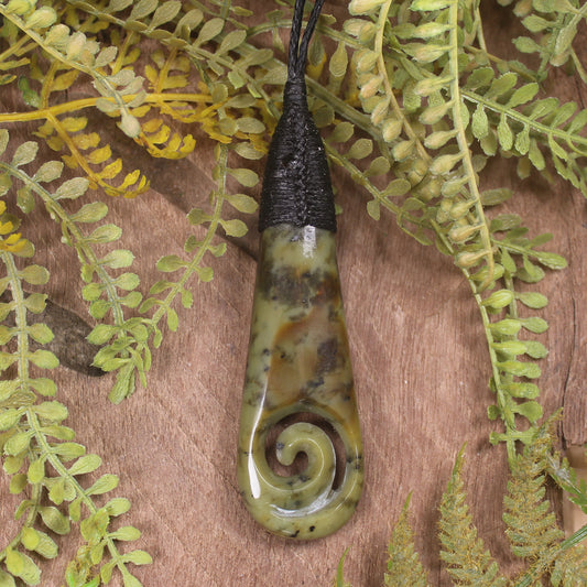 Roimata or Teardop with Koru carved from Rimu Pounamu - NZ Greenstone