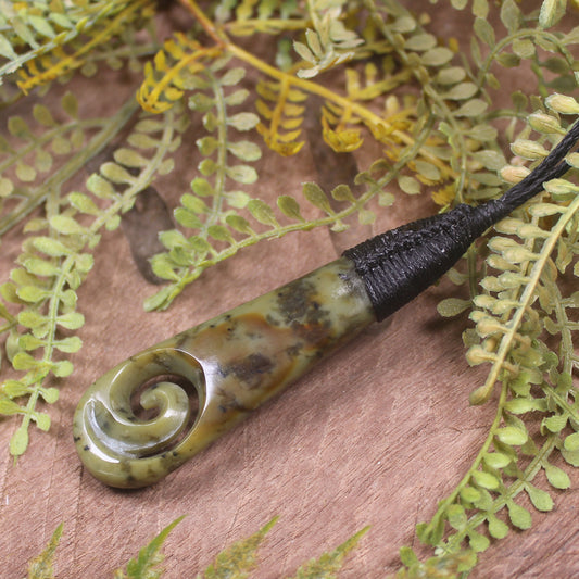 Roimata or Teardop with Koru carved from Rimu Pounamu - NZ Greenstone
