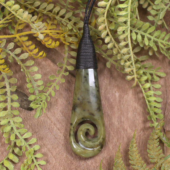 Roimata or Teardop with Koru carved from Rimu Pounamu - NZ Greenstone