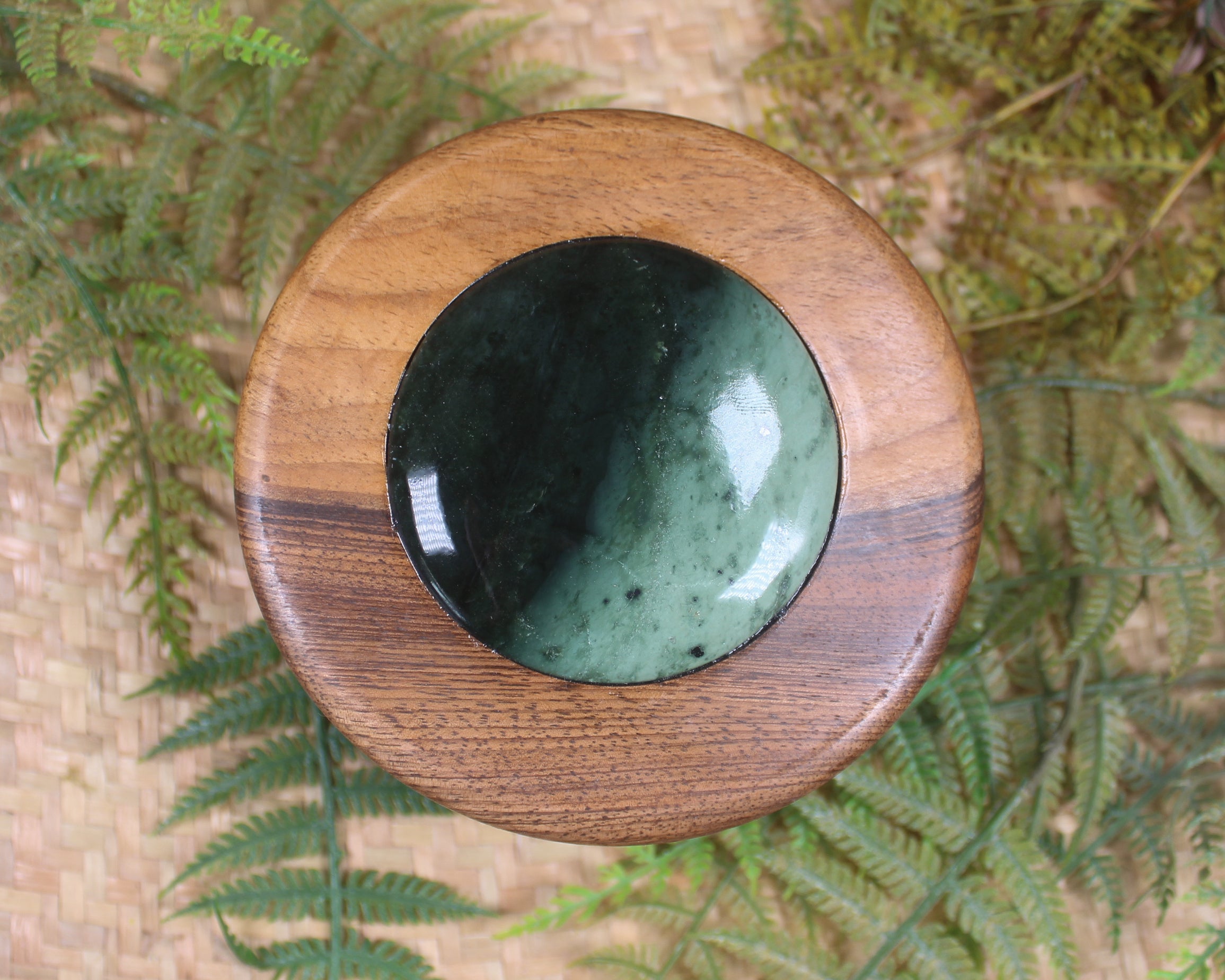 Wooden container with Kawakawa Pounamu set into lid - NZ Greenstone