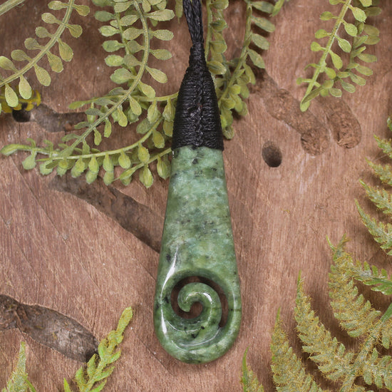 Roimata or Teardop with Koru carved from Rimu Pounamu - NZ Greenstone