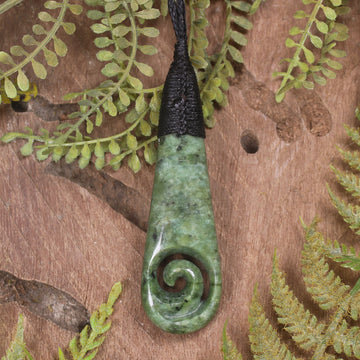 Roimata or Teardop with Koru carved from Rimu Pounamu - NZ Greenstone