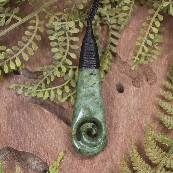 Roimata or Teardop with Koru carved from Rimu Pounamu - NZ Greenstone