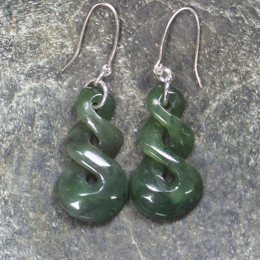 Twist Earrings carved from Kawakawa Pounamu - NZ Greenstone