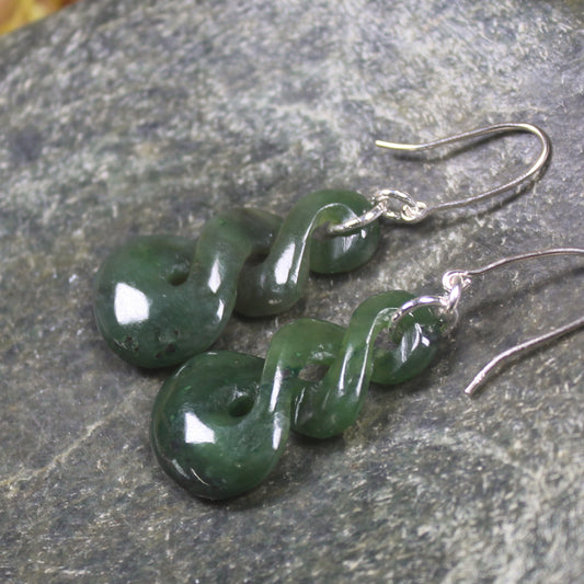 Twist Earrings carved from Kawakawa Pounamu - NZ Greenstone