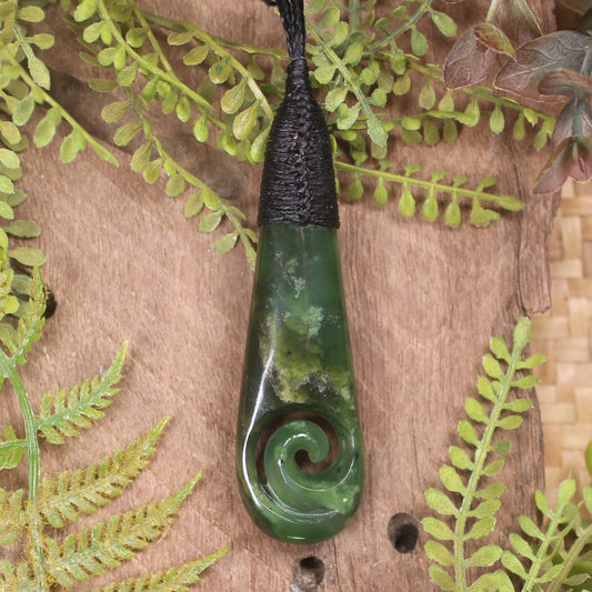 Roimata or Teardop with Koru carved from Kawakawa Pounamu - NZ Greenstone