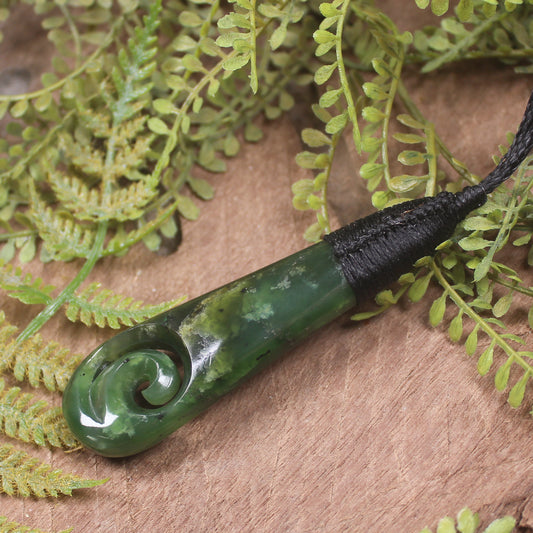 Roimata or Teardop with Koru carved from Kawakawa Pounamu - NZ Greenstone