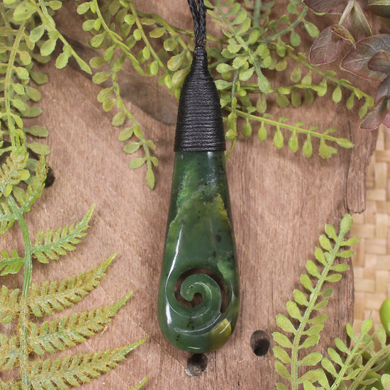 Roimata or Teardop with Koru carved from Kawakawa Pounamu - NZ Greenstone