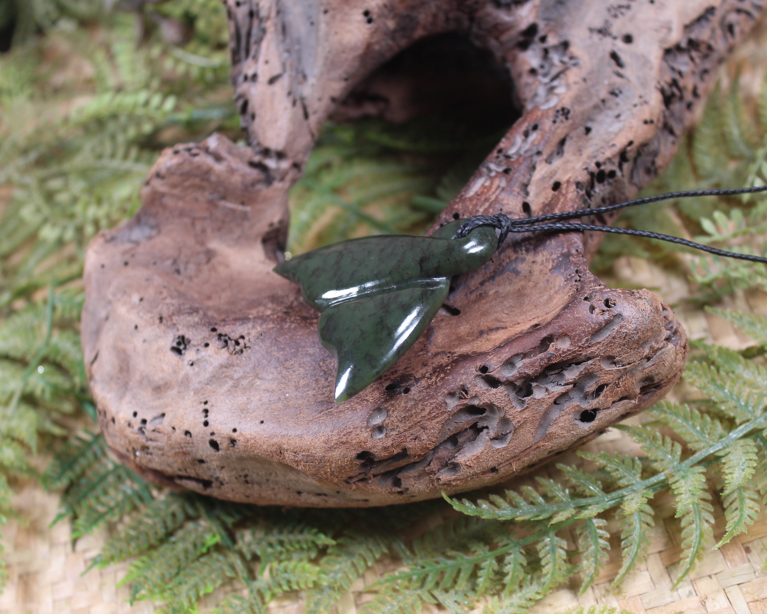 Whale Tail carved from Rimu Pounamu - NZ Greenstone