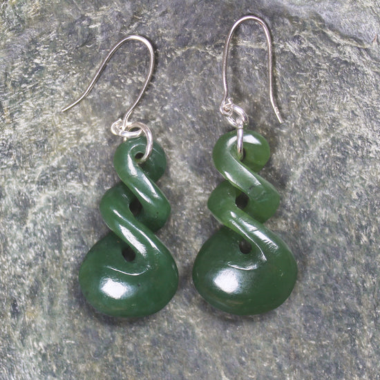 Twist Earrings carved from Kawakawa Pounamu - NZ Greenstone