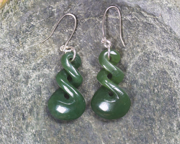 Twist Earrings carved from Kawakawa Pounamu - NZ Greenstone