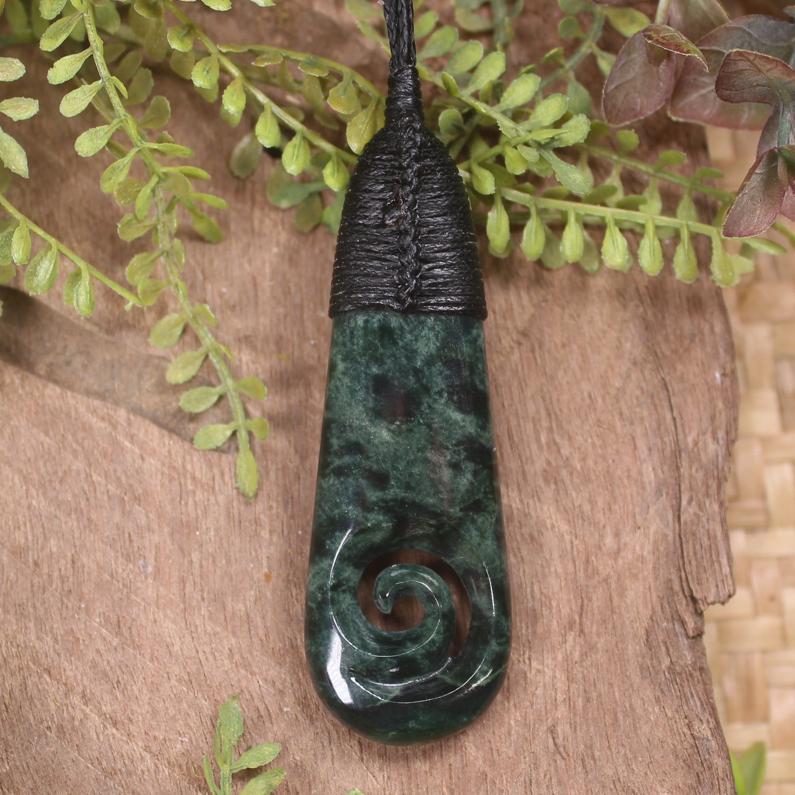 Roimata or Teardop with Koru carved from Kawakawa Pounamu - NZ Greenstone