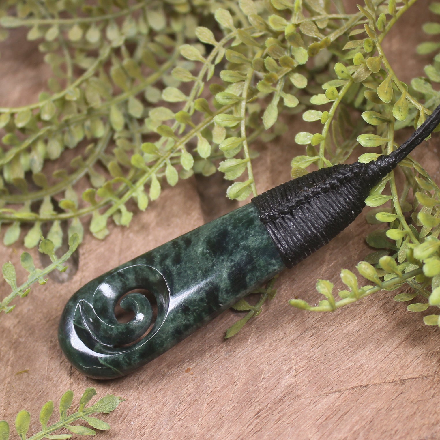 Roimata or Teardop with Koru carved from Kawakawa Pounamu - NZ Greenstone