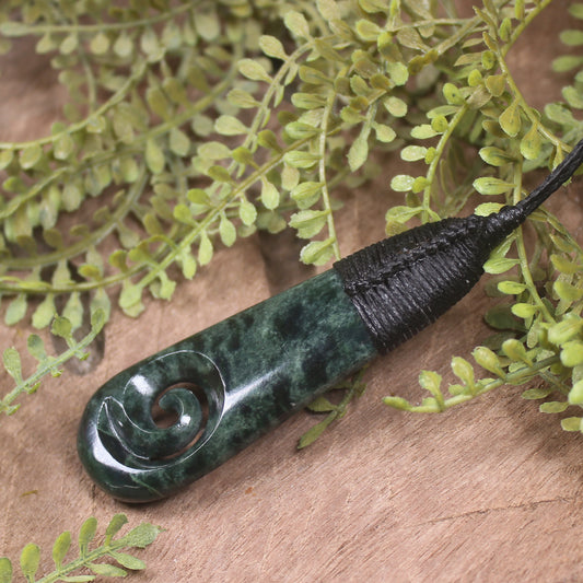 Roimata or Teardop with Koru carved from Kawakawa Pounamu - NZ Greenstone