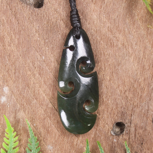 Roimata or Teardop with Koru carved from Kawakawa Pounamu - NZ Greenstone