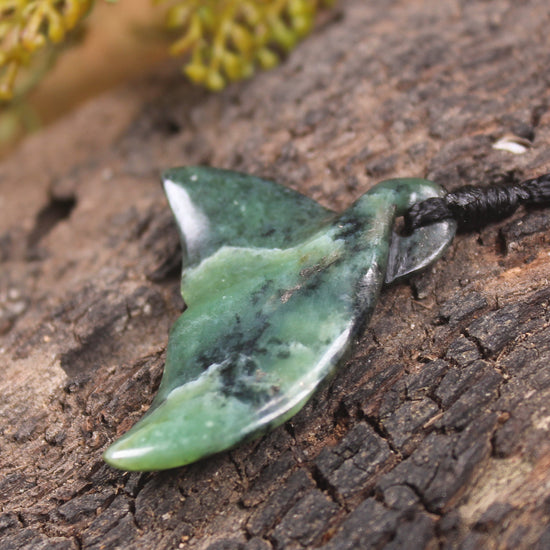 Whale tail carved from Inanga Pounamu - NZ Greenstone