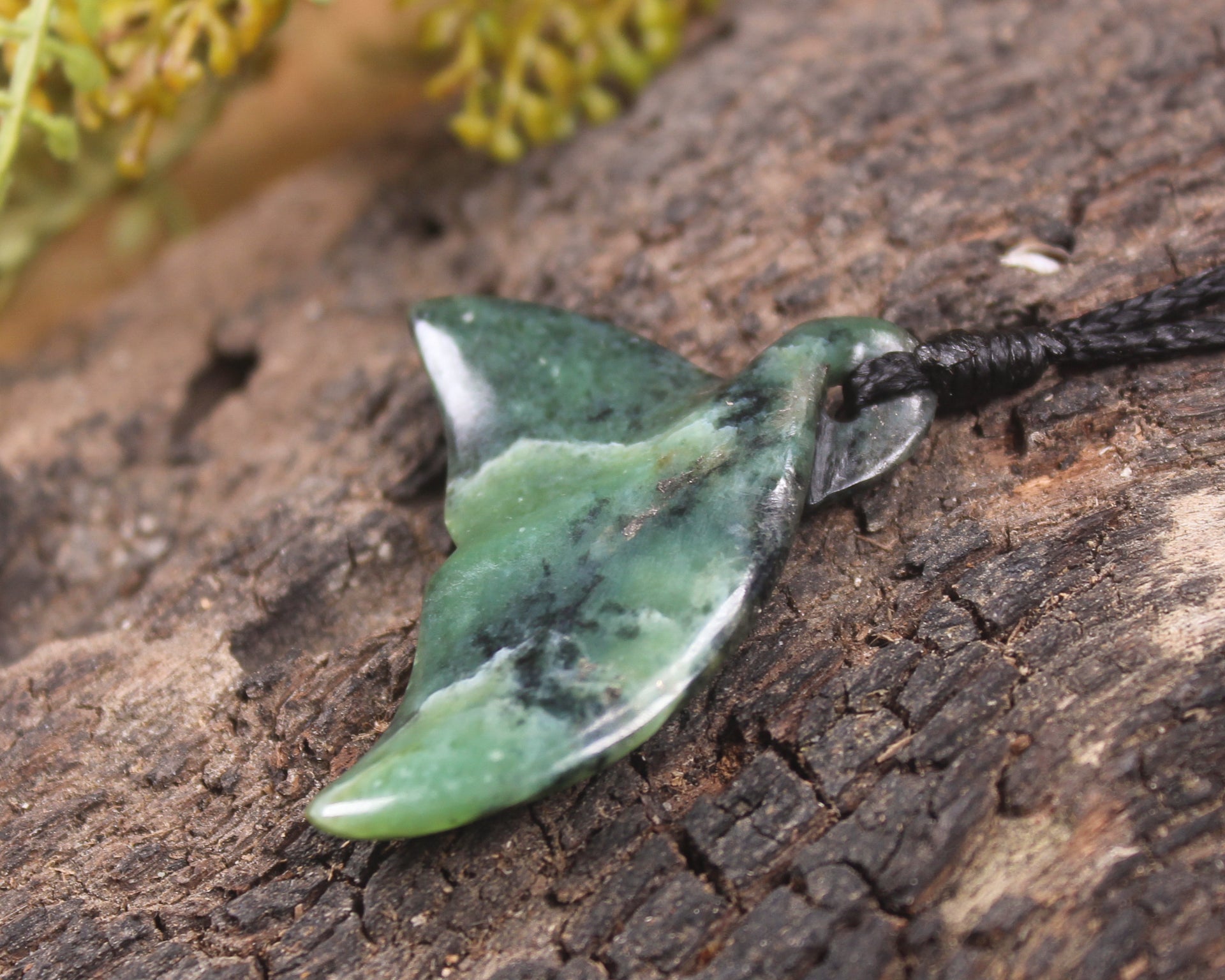Whale tail carved from Inanga Pounamu - NZ Greenstone