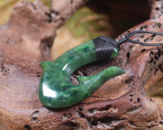 Hei Matau or Fish Hook carved from Kawakawa Pounamu - NZ Greenstone