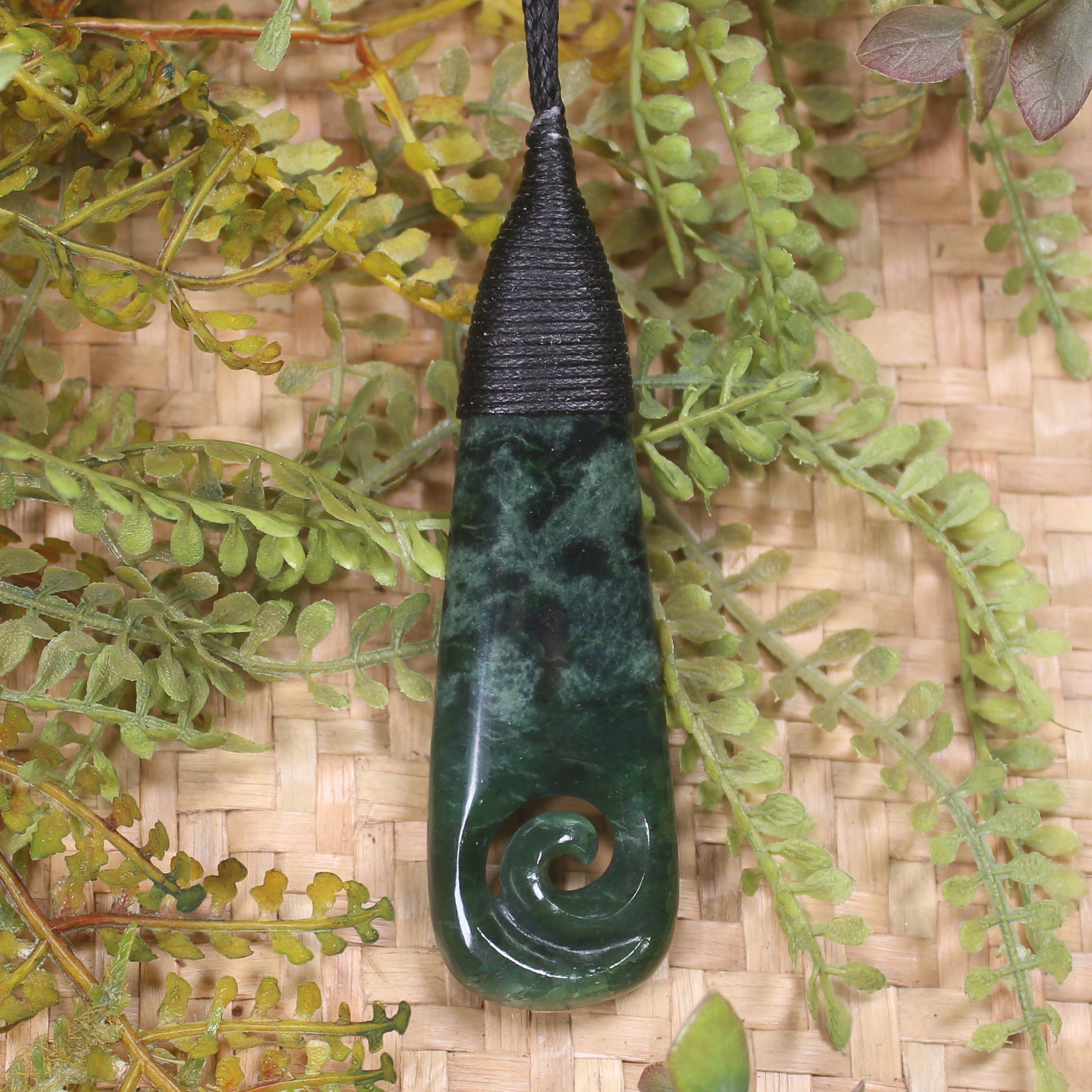 Roimata or Teardrop with Koru carved from Kawakawa Pounamu - NZ Greenstone