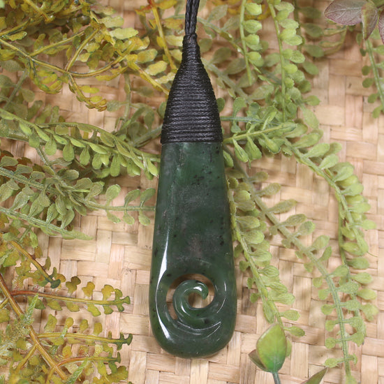 Roimata or Teardrop with Koru carved from Kawakawa Pounamu - NZ Greenstone