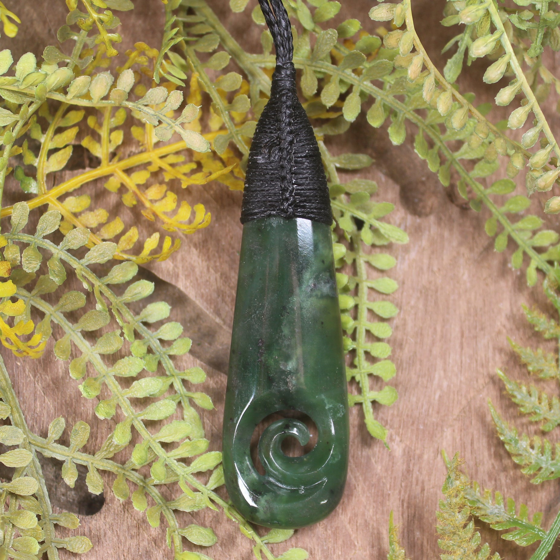 Roimata or Teardrop with Koru carved from Kawakawa Pounamu - NZ Greenstone