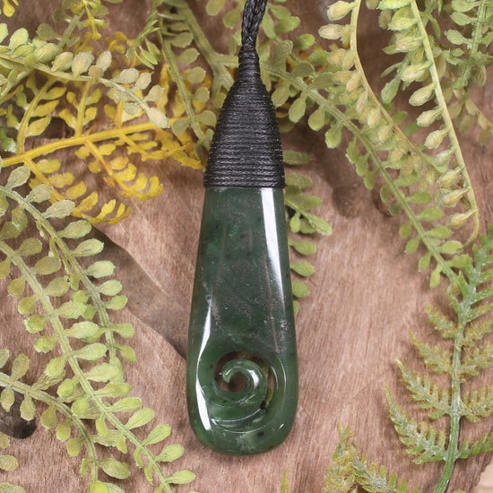 Roimata or Teardrop with Koru carved from Kawakawa Pounamu - NZ Greenstone